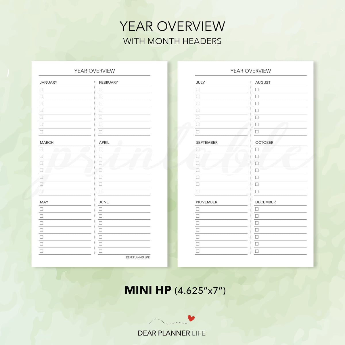 Year / Goals Overview (Mini HP Size) Printable PDF : M-38 – DearPlannerLife