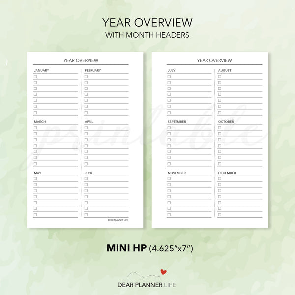 Year / Goals Overview (Mini HP Size) Printable PDF : M-38