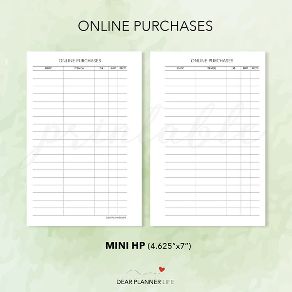 Online Purchases Tracker (Mini HP Size) Printable PDF : M-39