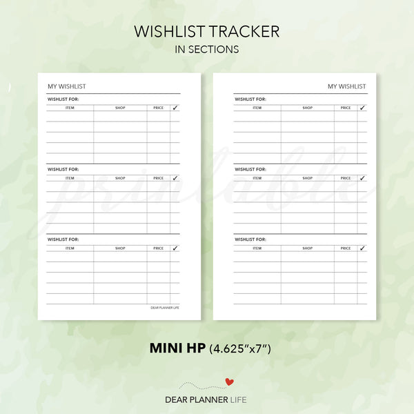 Wishlist in Categories/Sections (Mini HP Size) Printable PDF : M-46 A