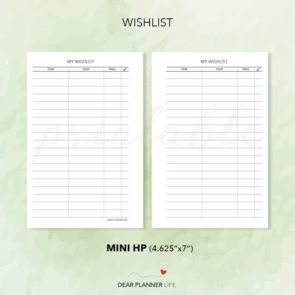 Wishlist Tracker (Mini HP Size) Printable PDF : M-46 B