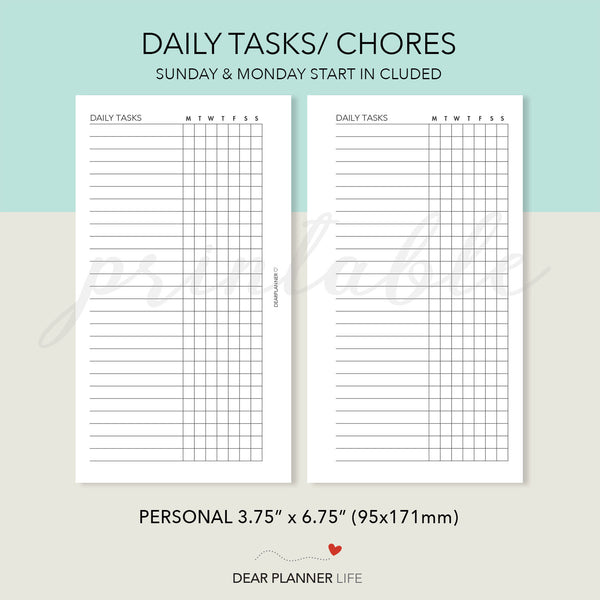 Daily Tasks Page Printable PDF : P01