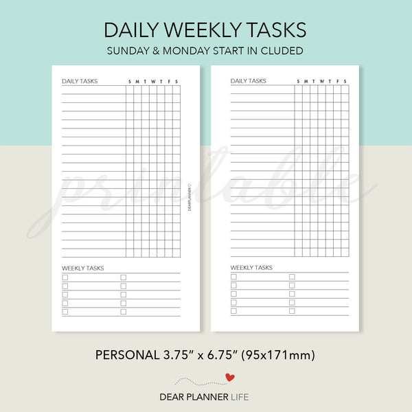 Daily & Weekly Tasks Tracker Printable PDF : P02