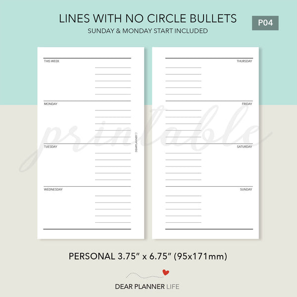 Horizontal Weekly With Half Lines (Personal Size) PDF Printable : P-04