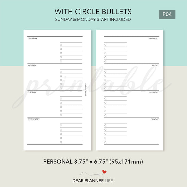 Horizontal Weekly With Half Lines (Personal Size) PDF Printable : P-04