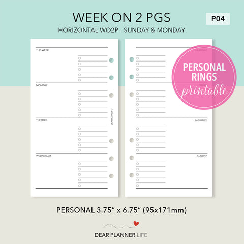 Horizontal Weekly With Half Lines (Personal Size) PDF Printable : P-04