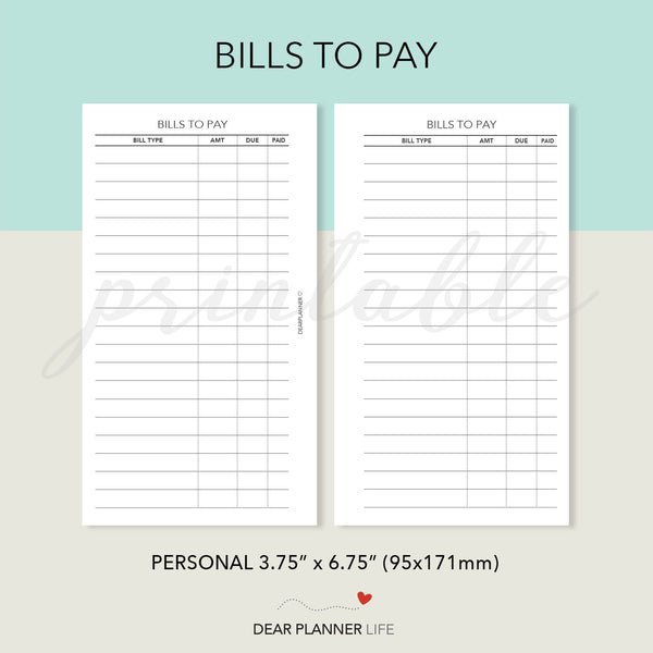 Bills To Pay Tracker PDF Printable : P05