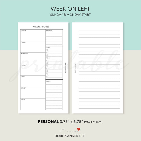 Undated Week on 1 Page (Personal Size) Printable PDF : P-07