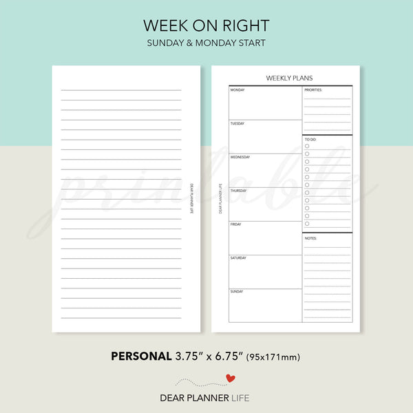 Undated Week on 1 Page (Personal Size) Printable PDF : P-07