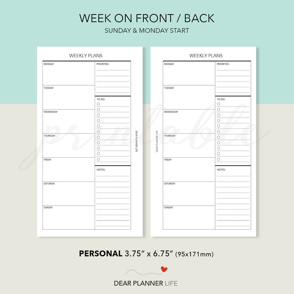 Undated Week on 1 Page (Personal Size) Printable PDF : P-07