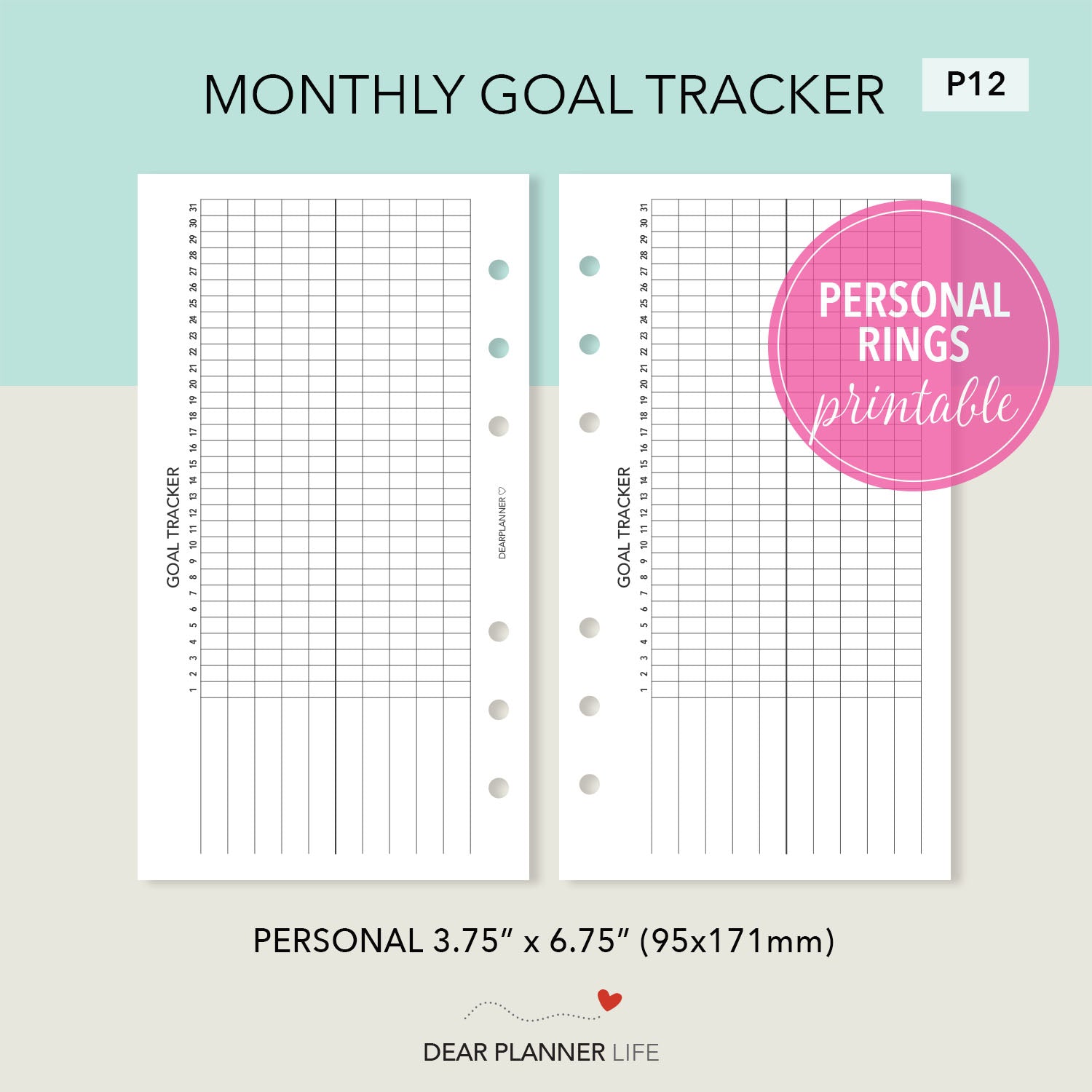 Monthly Goal Tracker (Personal Size) Printable PDF : P-12