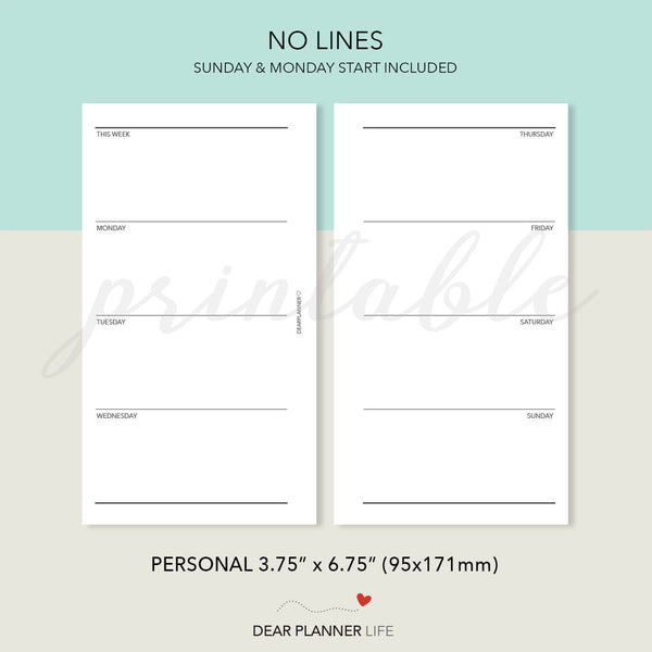 Basic Horizontal Week on 2 Pages (Personal Size) Printable PDF : P-13