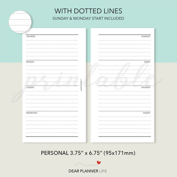 Basic Horizontal Week on 2 Pages (Personal Size) Printable PDF : P-13