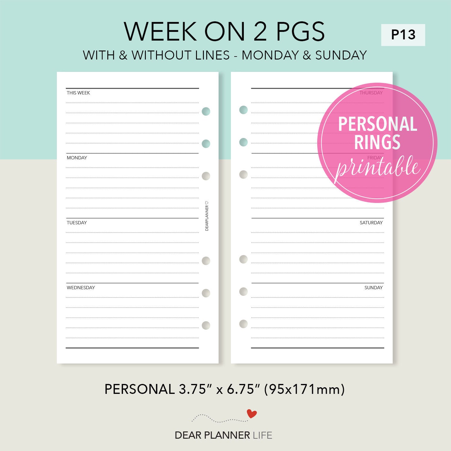 Basic Horizontal Week on 2 Pages (Personal Size) Printable PDF : P-13