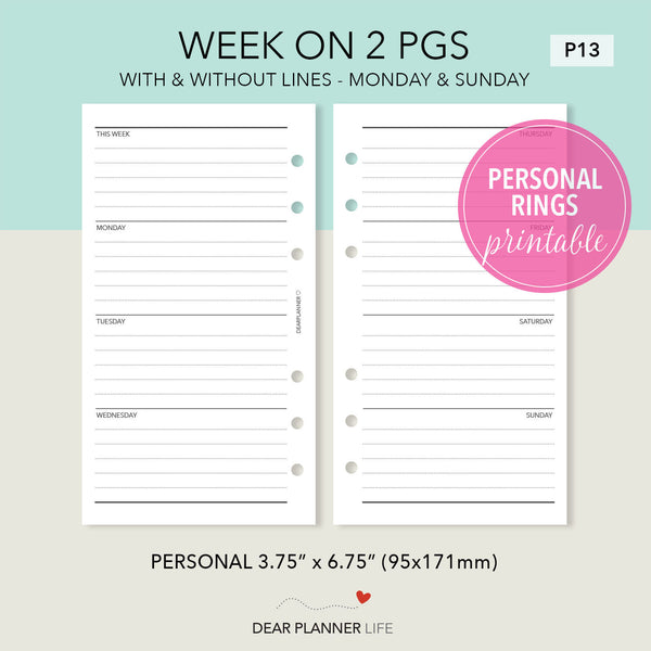 Basic Horizontal Week on 2 Pages (Personal Size) Printable PDF : P-13