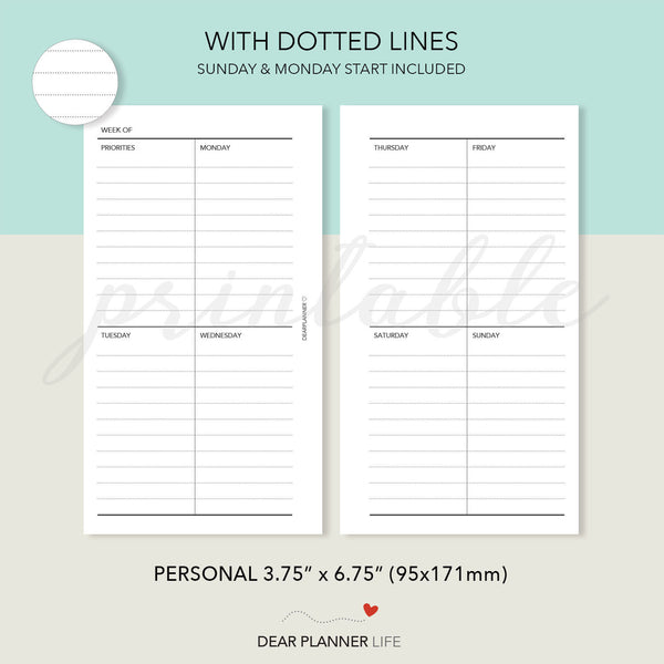 Week on 2 Pages, Vertical Quadrant Layout (Personal size) Printable PDF : P-14