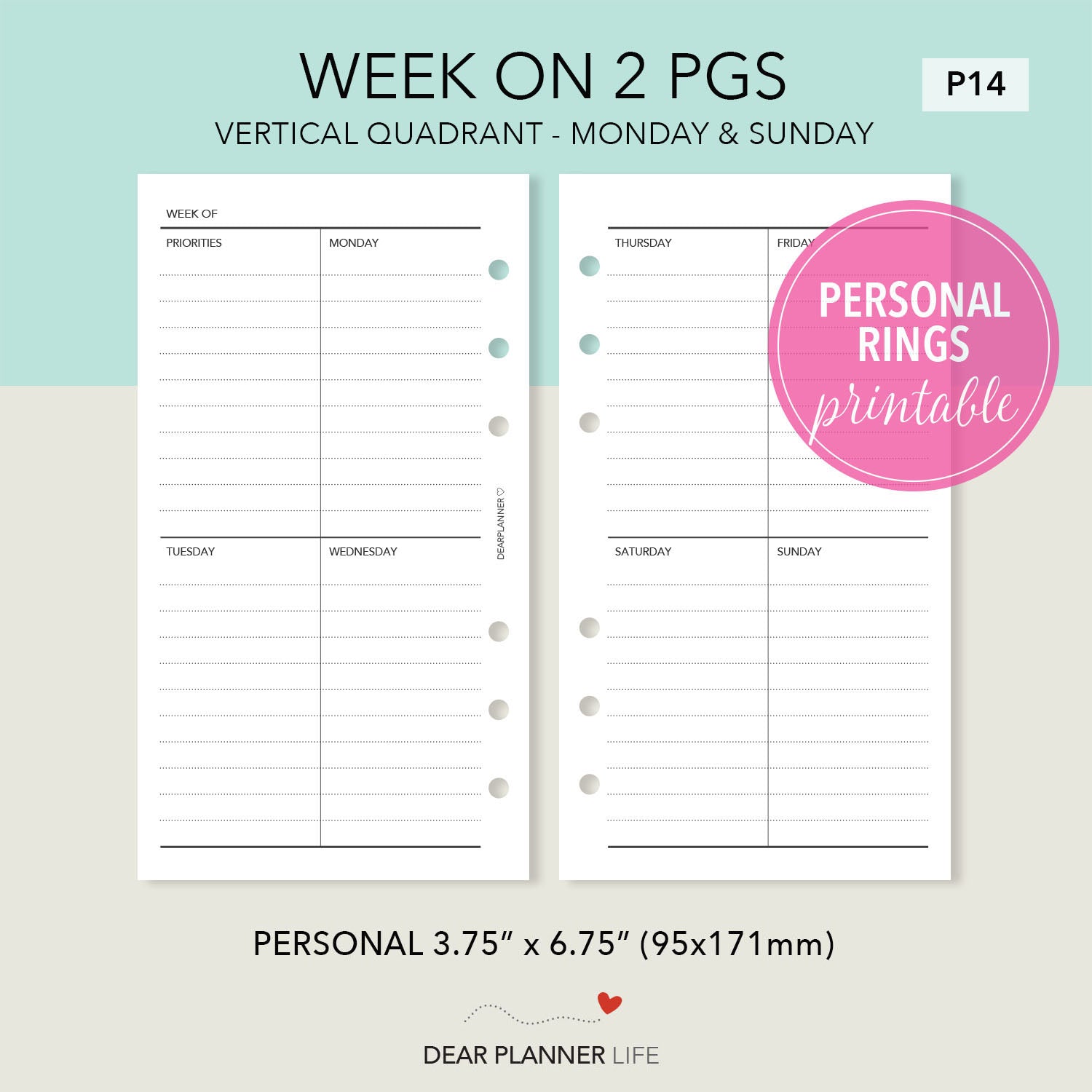 Week on 2 Pages, Vertical Quadrant Layout (Personal size) Printable PDF : P-14