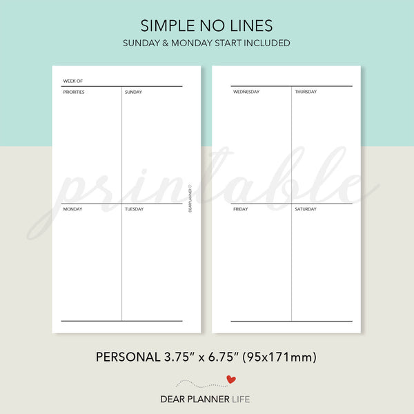 Week on 2 Pages, Vertical Quadrant Layout (Personal size) Printable PDF : P-14