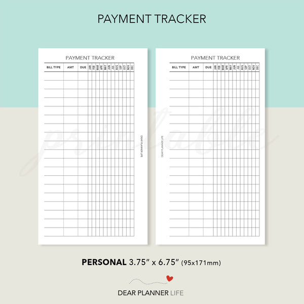 Payment Tracker (Personal Size) Printable PDF : P-15