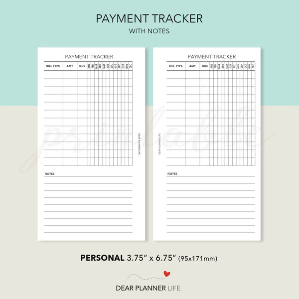 Payment Tracker (Personal Size) Printable PDF : P-15