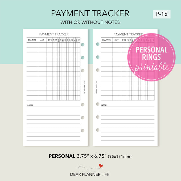 Payment Tracker (Personal Size) Printable PDF : P-15