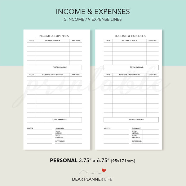 Income / Expenses Tracker (Personal Size) Printable PDF : P16