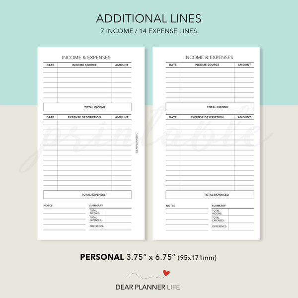 Income / Expenses Tracker (Personal Size) Printable PDF : P16