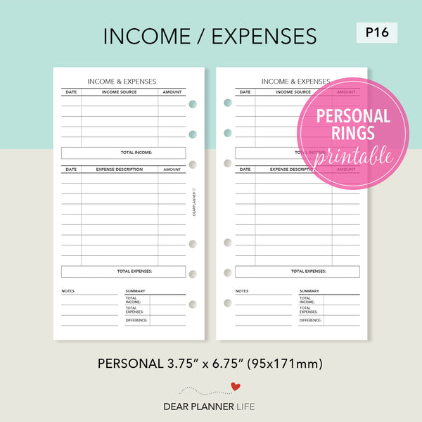 Income / Expenses Tracker (Personal Size) Printable PDF : P16