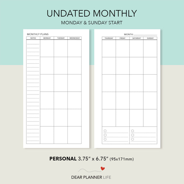 Undated Month on 2 Pages Template (Personal Size) Printable PDF : P-22.25