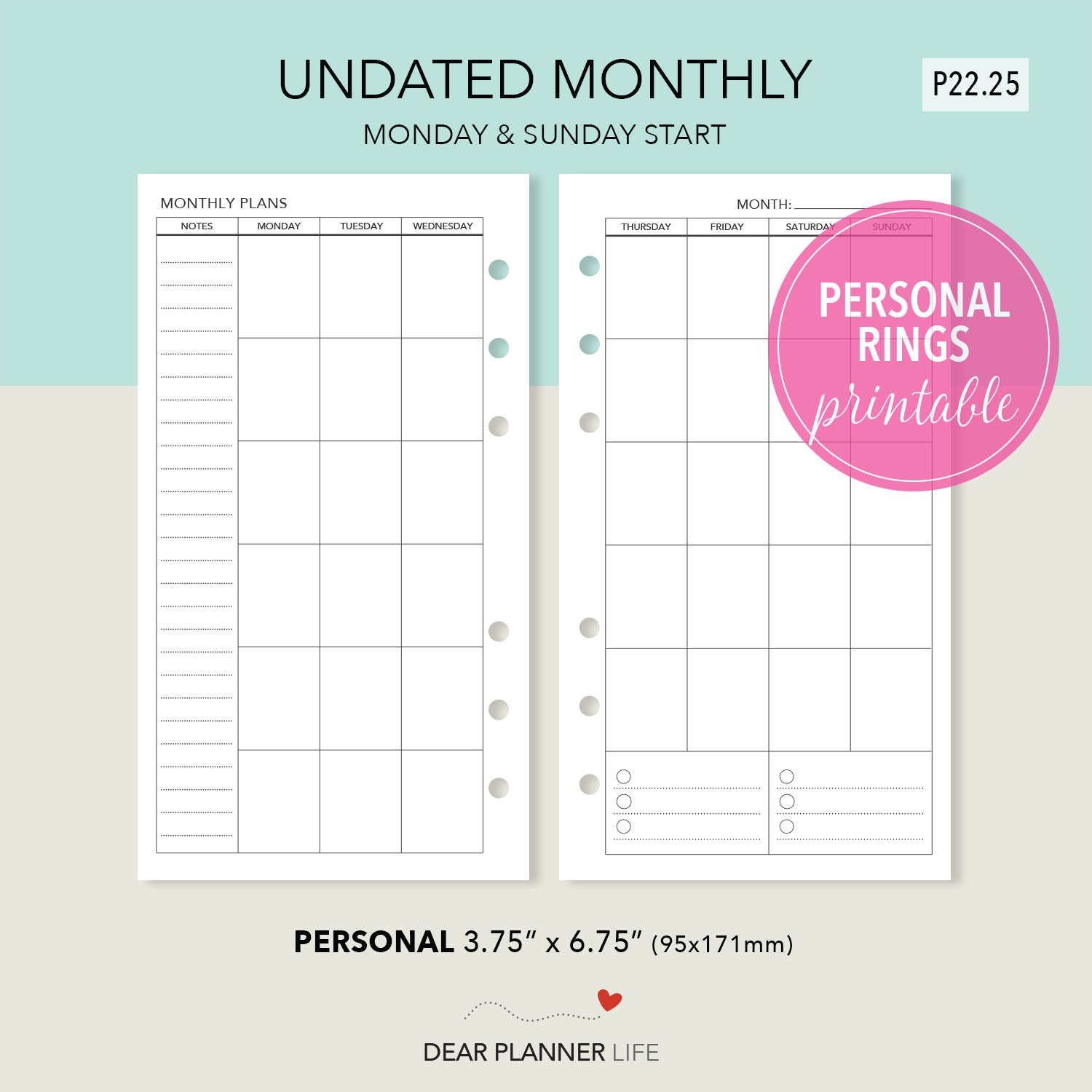 Undated Month on 2 Pages Template (Personal Size) Printable PDF : P-22.25