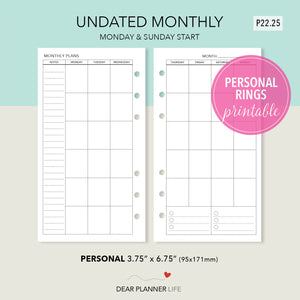 Undated Month on 2 Pages Template (Personal Size) Printable PDF : P-22.25