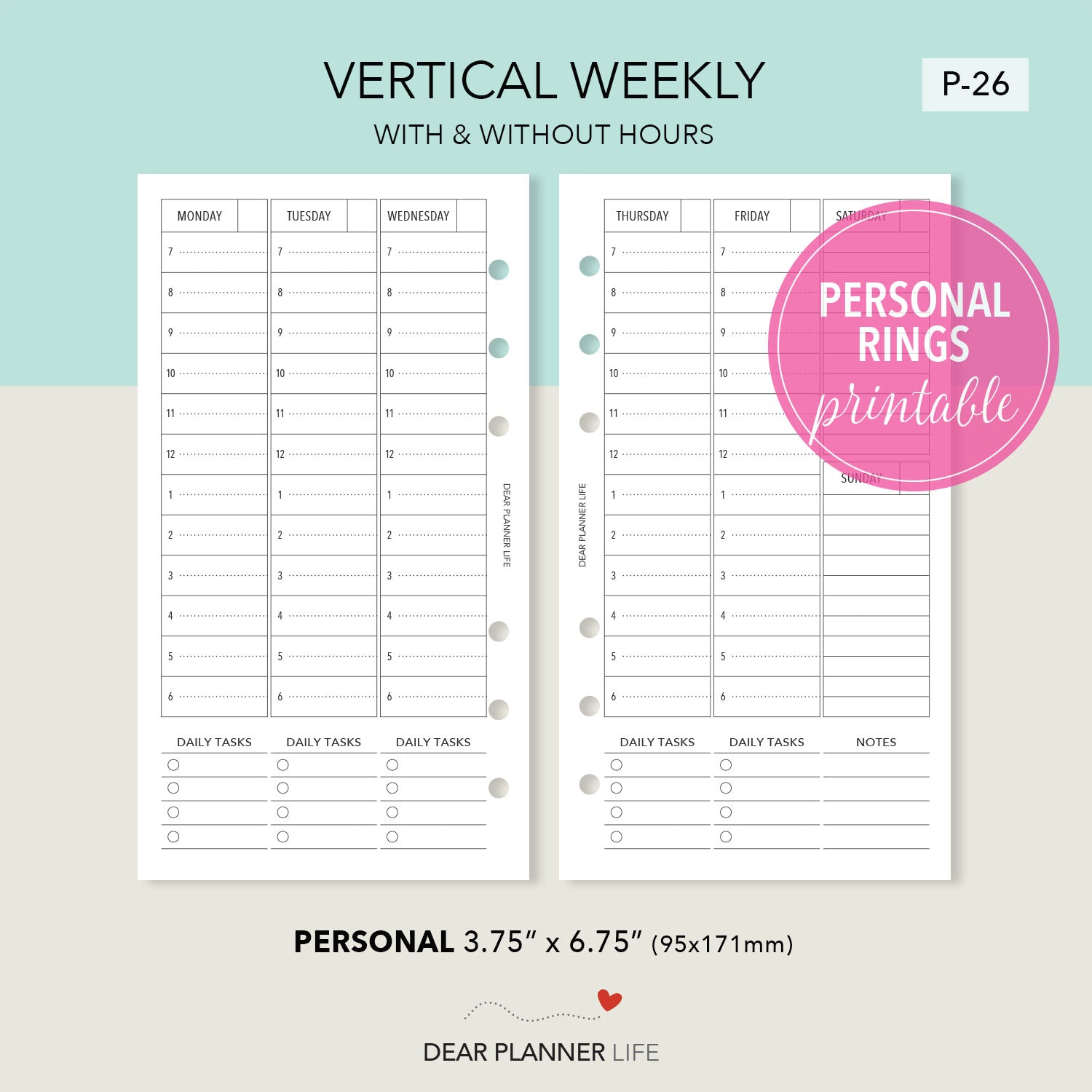 Undated Vertical Week on 2 Pages (Personal Size) Printable PDF : P-26