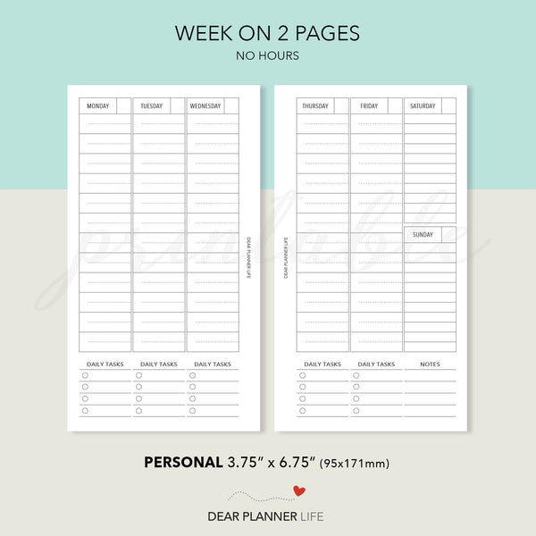 Undated Vertical Week on 2 Pages (Personal Size) Printable PDF : P-26