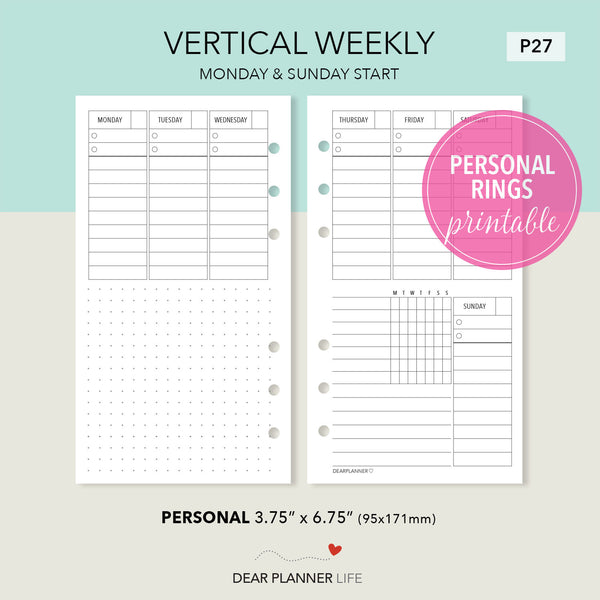 Vertical Week on 2 Pages (Personal Size) Printable PDF : P27