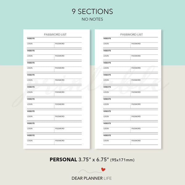 Password List (Personal Size) Printable PDF : P-28