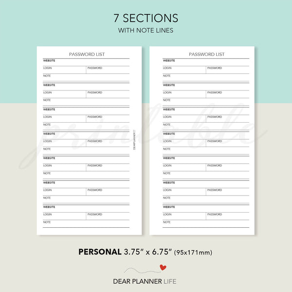 Password List (Personal Size) Printable PDF : P-28