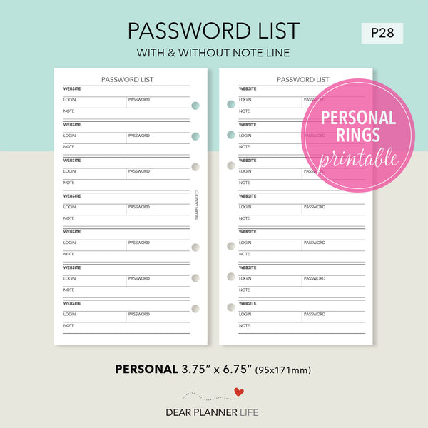 Password List (Personal Size) Printable PDF : P-28