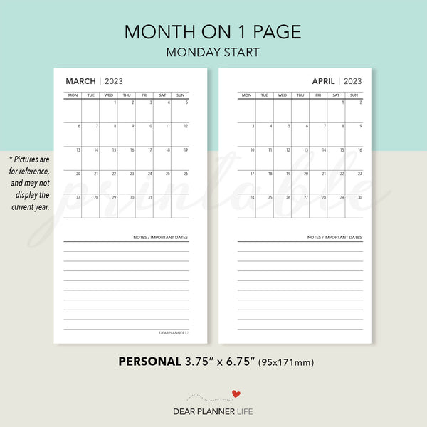 2024 Personal Size : MONDAY Start Continuous Months, Printable PDF : P-30 C