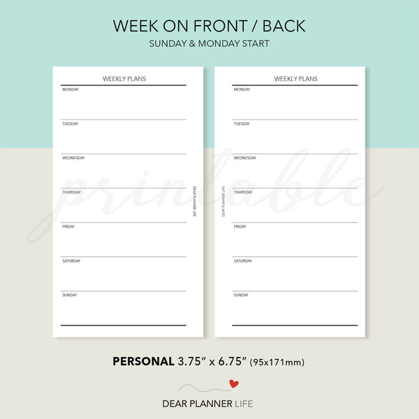 Undated Week on 1 Page (Personal Size) Printable PDF : P-31