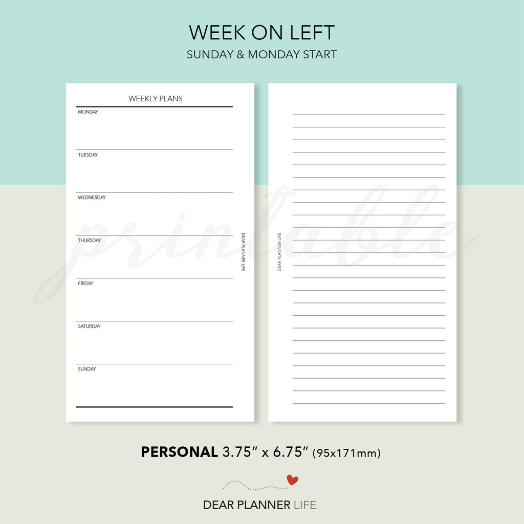 Undated Week Undated Week on 1 Page (Personal Size) Printable PDF : P-31 ...