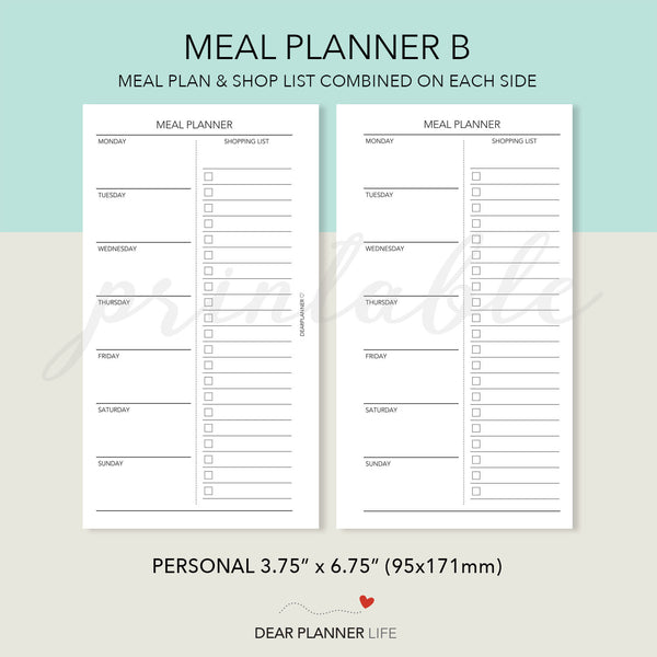 Weekly Meal Planner (Personal Size) Printable PDF : P32-B