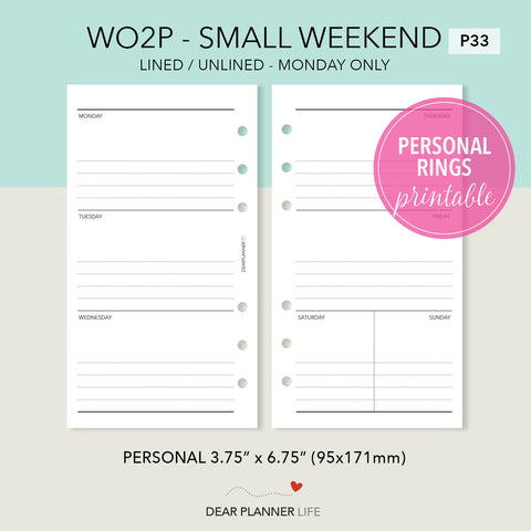 Week on 2 Pages with Small Weekend (Personal Size) Printable PDF : P-33