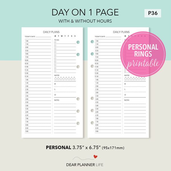 Daily Page with/without Hours (Personal size) Printable PDF : P-36