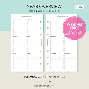 Year Overview Tracker (Personal Size) Printable PDF : P-38