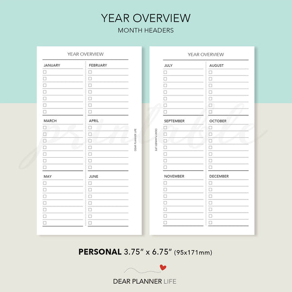 Year Overview Tracker (Personal Size) Printable PDF : P-38