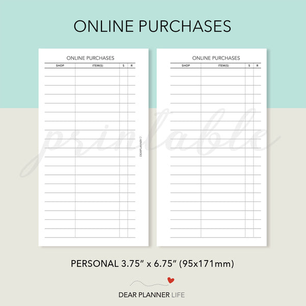 Online Purchases Tracker Printable PDF : P39