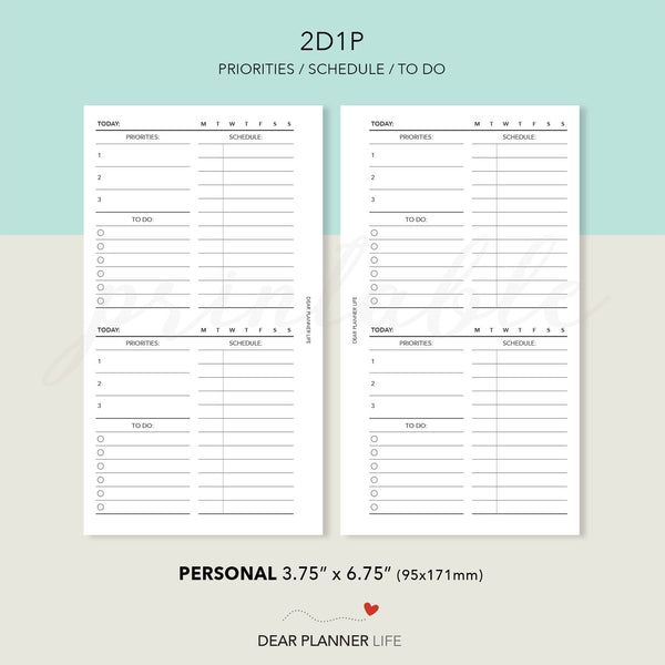 Daily: 2 Days on 1 Page Schedule (Personal size) Printable PDF : P-42