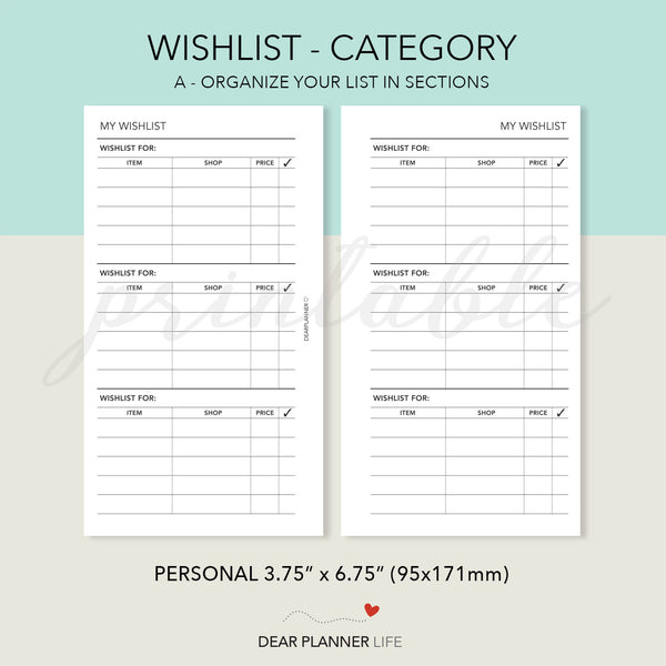 Wishlist Categories Printable PDF : P46 A