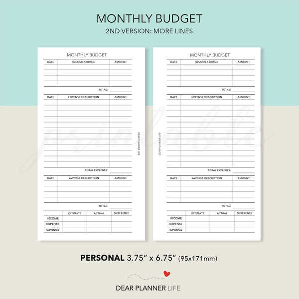 Monthly Budget (Personal Size) Printable PDF : P-47