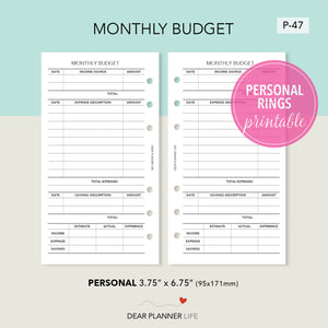 Monthly Budget (Personal Size) Printable PDF : P-47